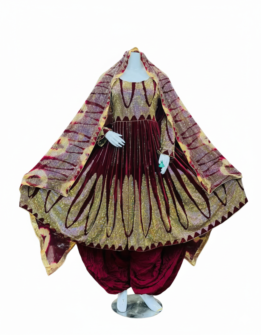 Afghani Dress Traditional Ethnic Formal Outfit – Burgundy with Gold Embellishment