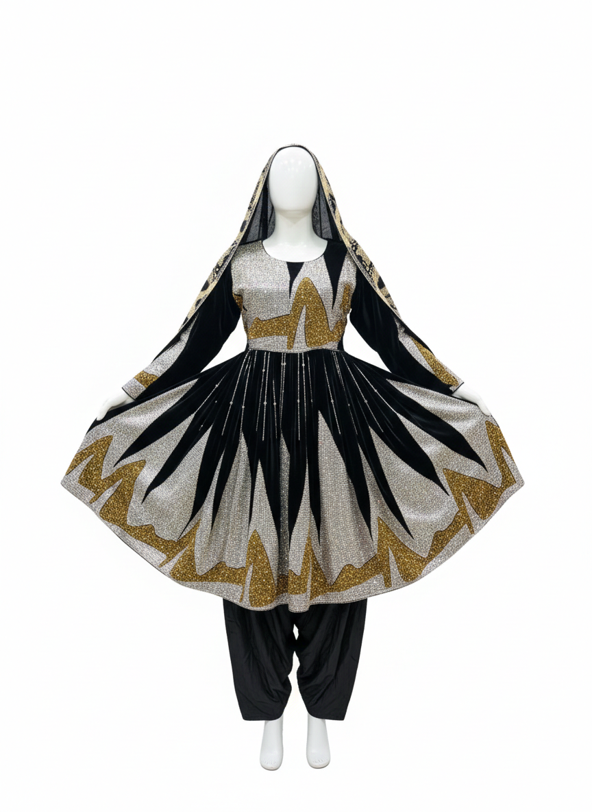 Afghani Dress Traditional Ethnic Formal Outfit – Black with Gold & Silver Embellishment