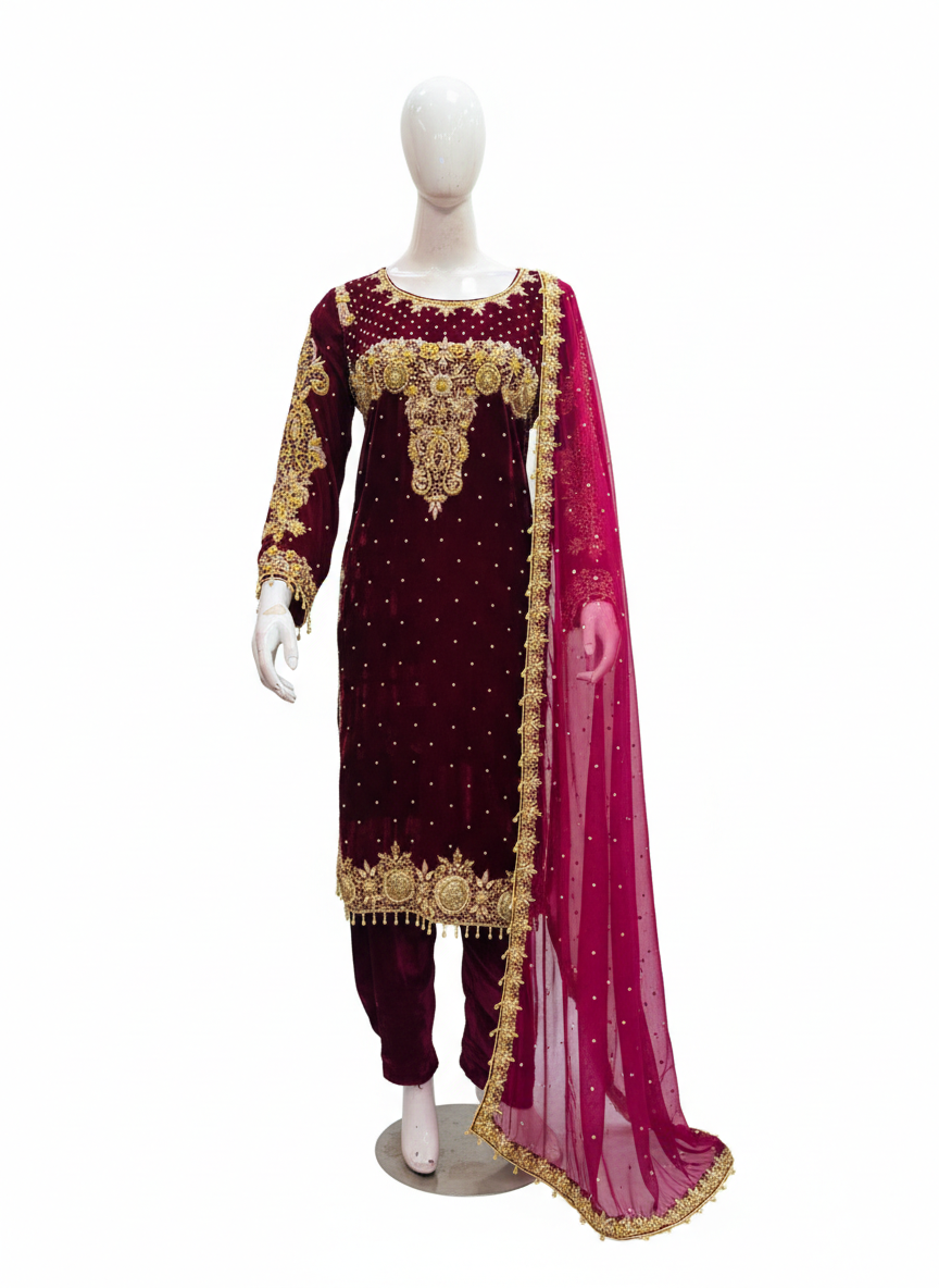 Afghani Dress Traditional Ethnic Formal Outfit – Maroon with Gold & Magenta Embellishment