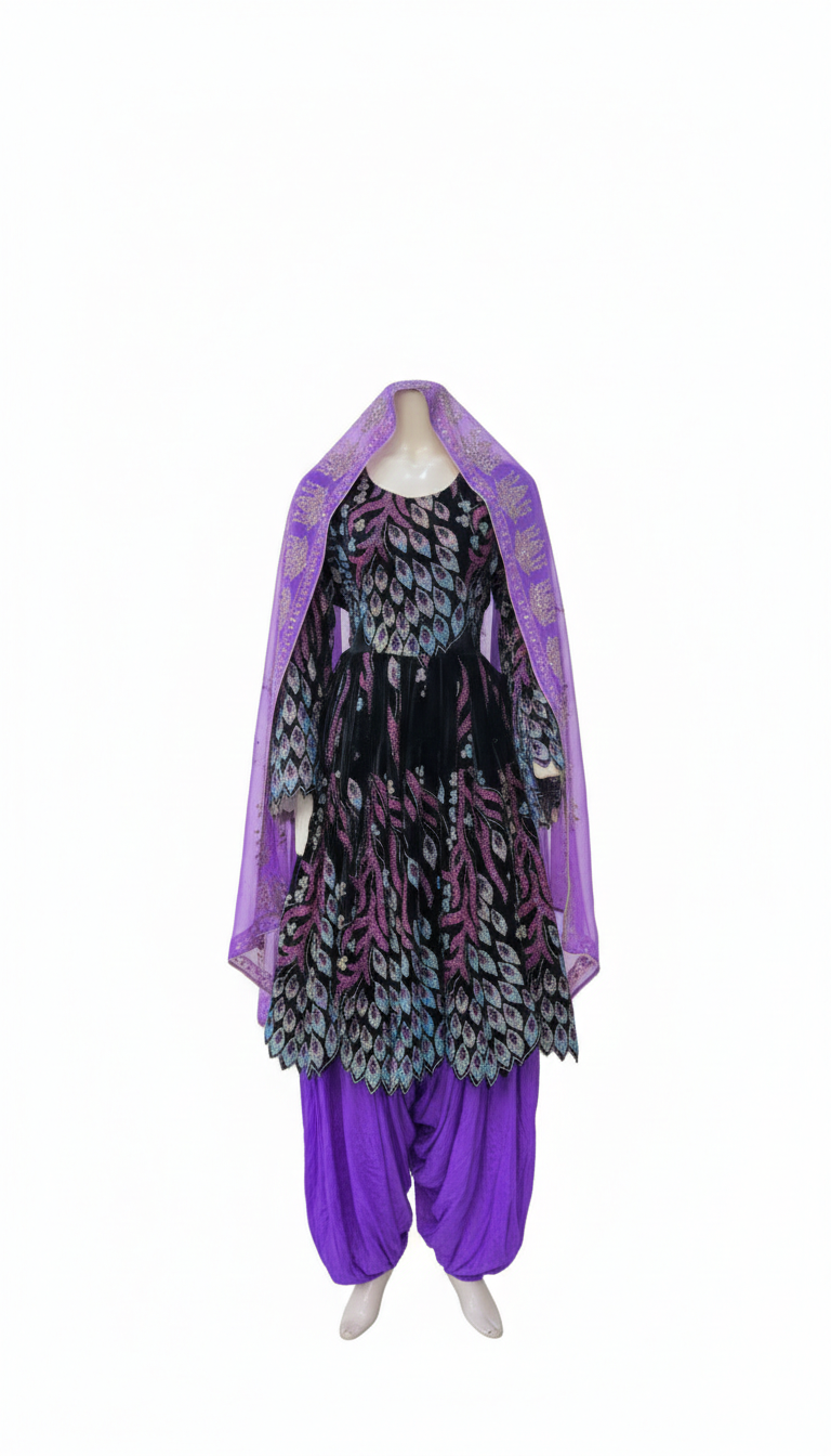 Afghani Dress Traditional Ethnic Formal Outfit – Black & Purple with Silver Embellishment